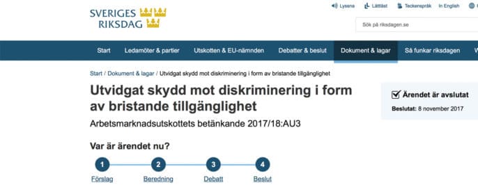 Urklipp från Riksdagens hemsida som visar rubriken "Utvidgat skydd mot diskriminering i form av bristande tillgänglighet".